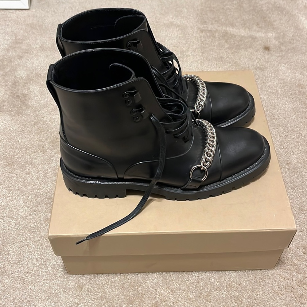 Burberry London Black Leather Combat Boots with Silver Chain - Picture 2 of 8